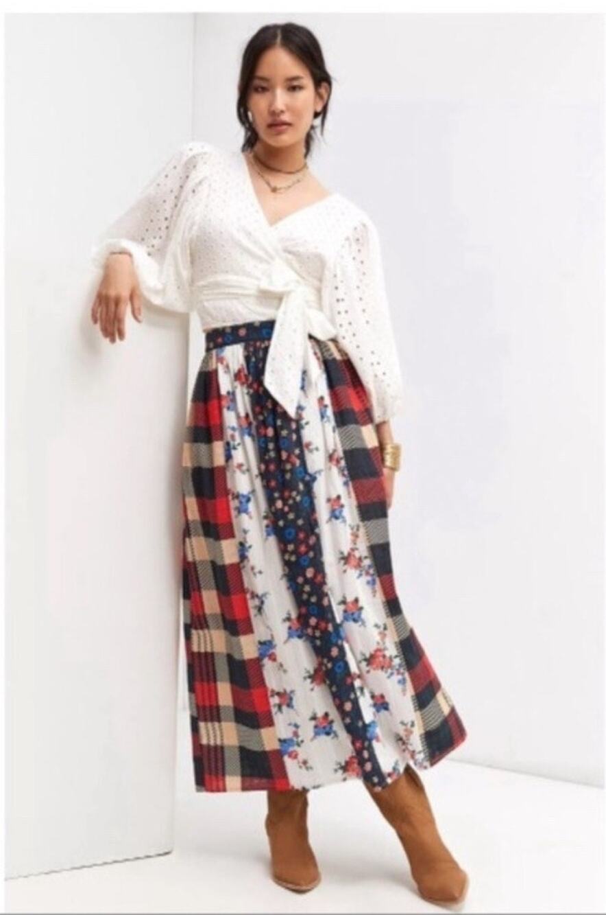 Anthropologie LetMeBe Contrast Plaid Patchwork Cotton Midi Skirt NWT Small